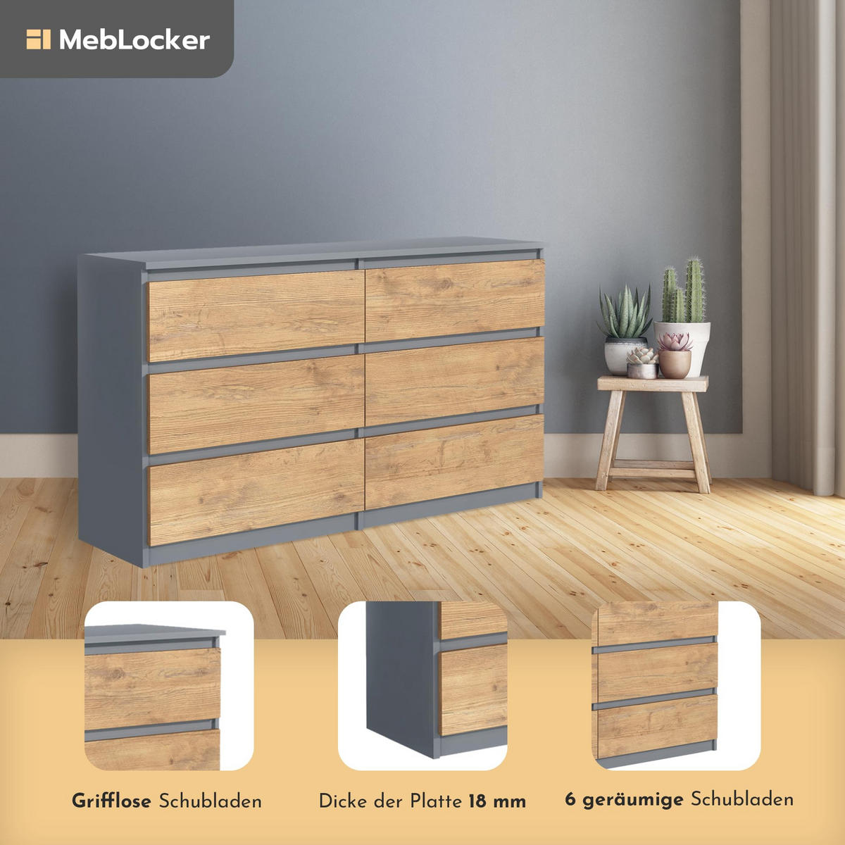 KOMMODE mit 6 Schubladen 120 cm Anthrazit/Lancelot - Anthrazit/Eiche Artisan, Holzwerkstoff (120/78.5/39cm) - MebLocker