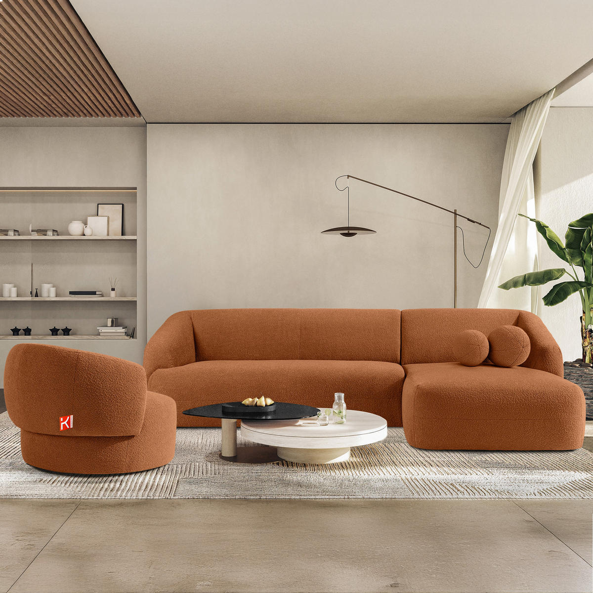 ECKSOFA RECHTS VIRA, Rost, Bouclé - Rotbraun/Schwarz, Holz/Holzwerkstoff (300/160cm) - KONSIMO®