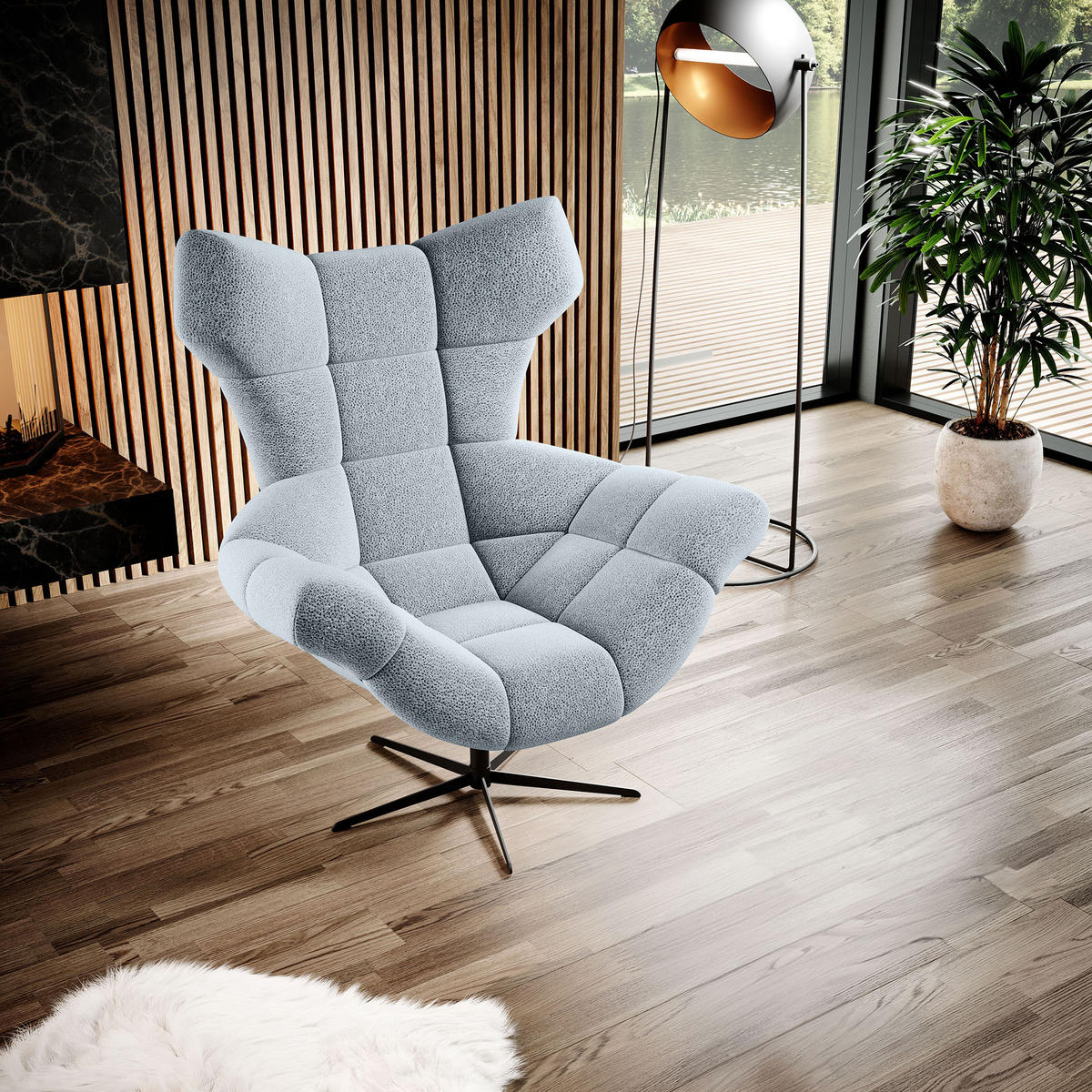 SESSEL SENSI Relaxstuhl mit 360° Drehung und Schwingfunktion – Lux-Schaumkissen, Hellgrau, 104x46x119 cm - Hellgrau/Schwarz, Holz/Textil (104/119/84cm) - DomoHome