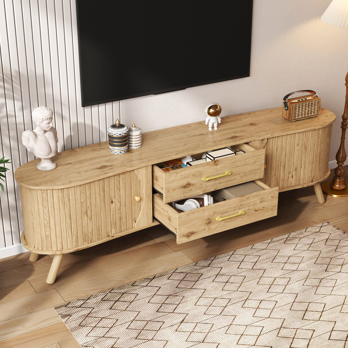 TV-LOWBOARD organisch Rillenoptik 2 Türen 2 Schubladen - Naturfarben, Holz (160/55/36.5cm) - Fortuna Lai