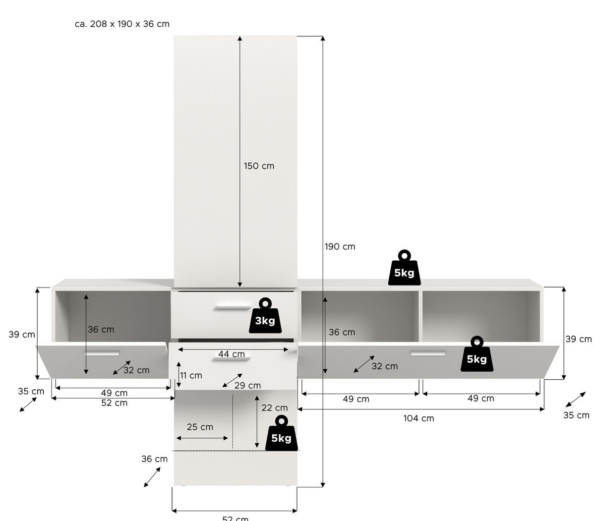 GARDEROBE Set 3-teilig weiß 208 cm, Komplettset mit viel Stauraum - Silberfarben/Weiß, Glas/Holzwerkstoff (208/190/36cm) - Inn.Furn