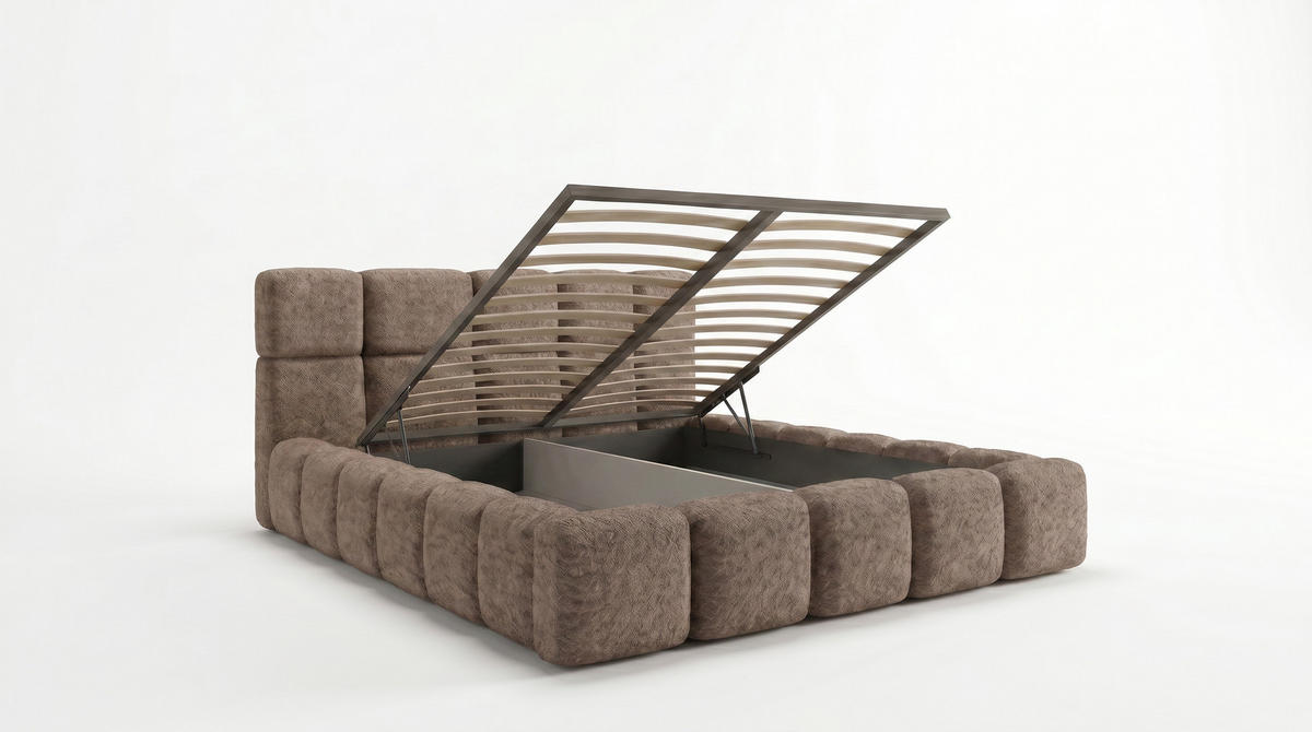POLSTERBETT LOMBA 200x200 cm mit Bettkasten und Metall-Lattenrost – Bouclé Stoff Arena Taupe - Taupe, Textil (200/200cm) - Luxkor24