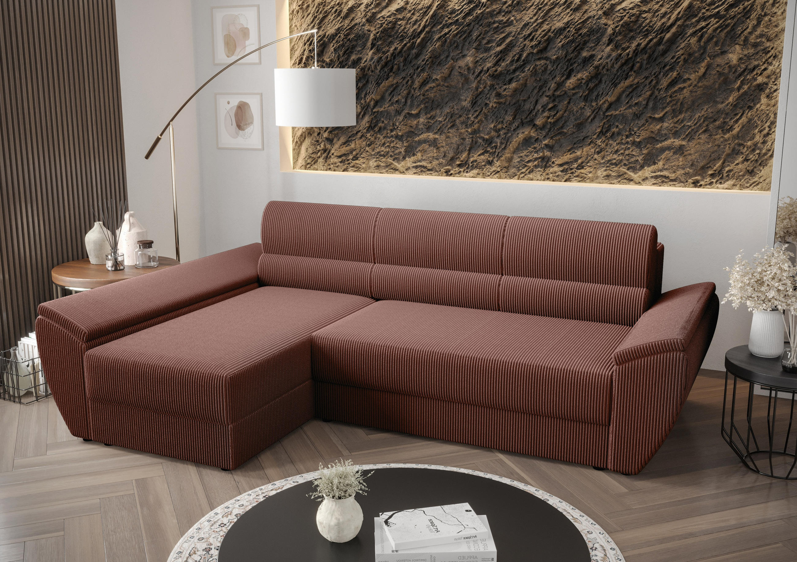 ECKSOFA L REBI L3 Poso 29 Links mit Schlaffunktion, Koralle - Bordeaux, Textil (251/140cm)