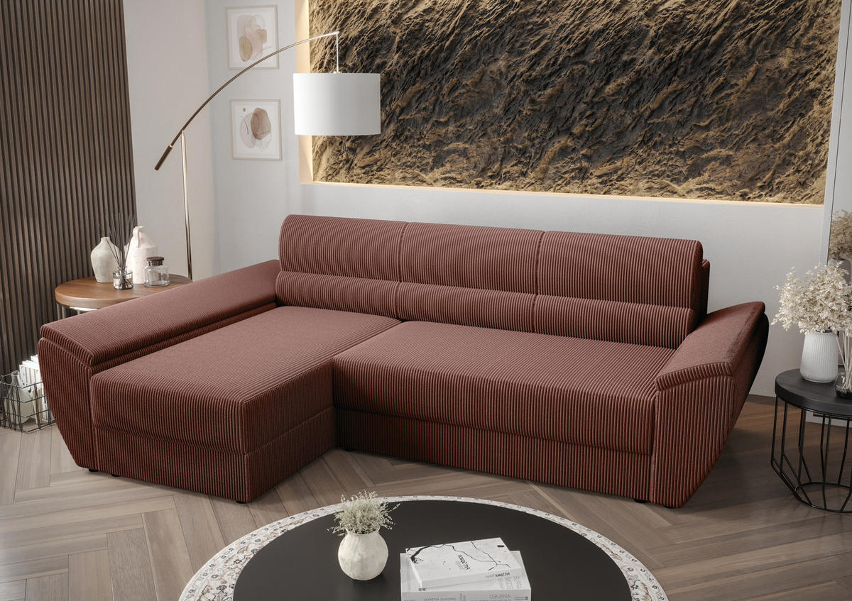 ECKSOFA L REBI L3 Poso 29 Links mit Schlaffunktion, Koralle - Bordeaux, Textil (251/140cm)