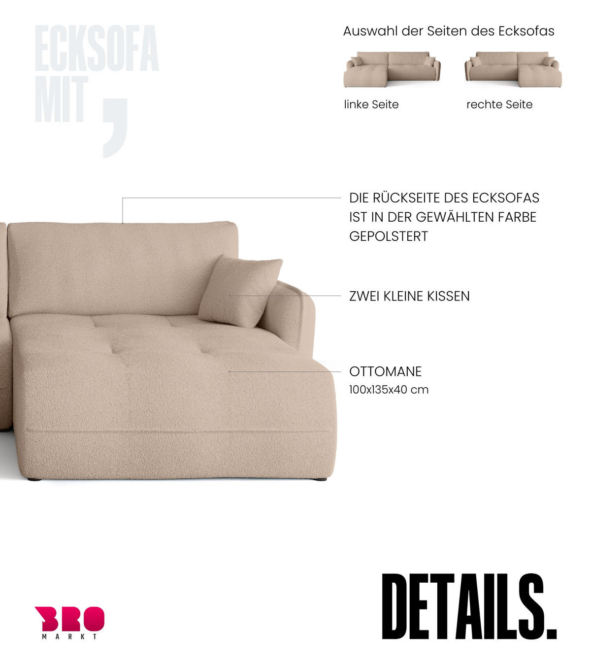 ECKSOFA CLAUDIO mit Schlaffunktion Milchkafee - Creme, Textil (263/150cm) - Bromarkt