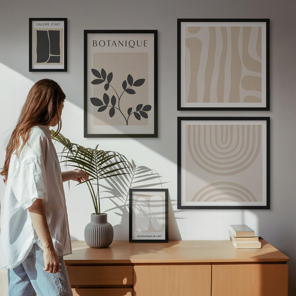 WANDBILDER 5er-Set - 50x50 cm & 20x30 cm & 40x60 cm Schwarzer Rahmen - Boho-Pflanzenposter - Schwarz, Kunststoff (40/60cm) - ArtPrintCave