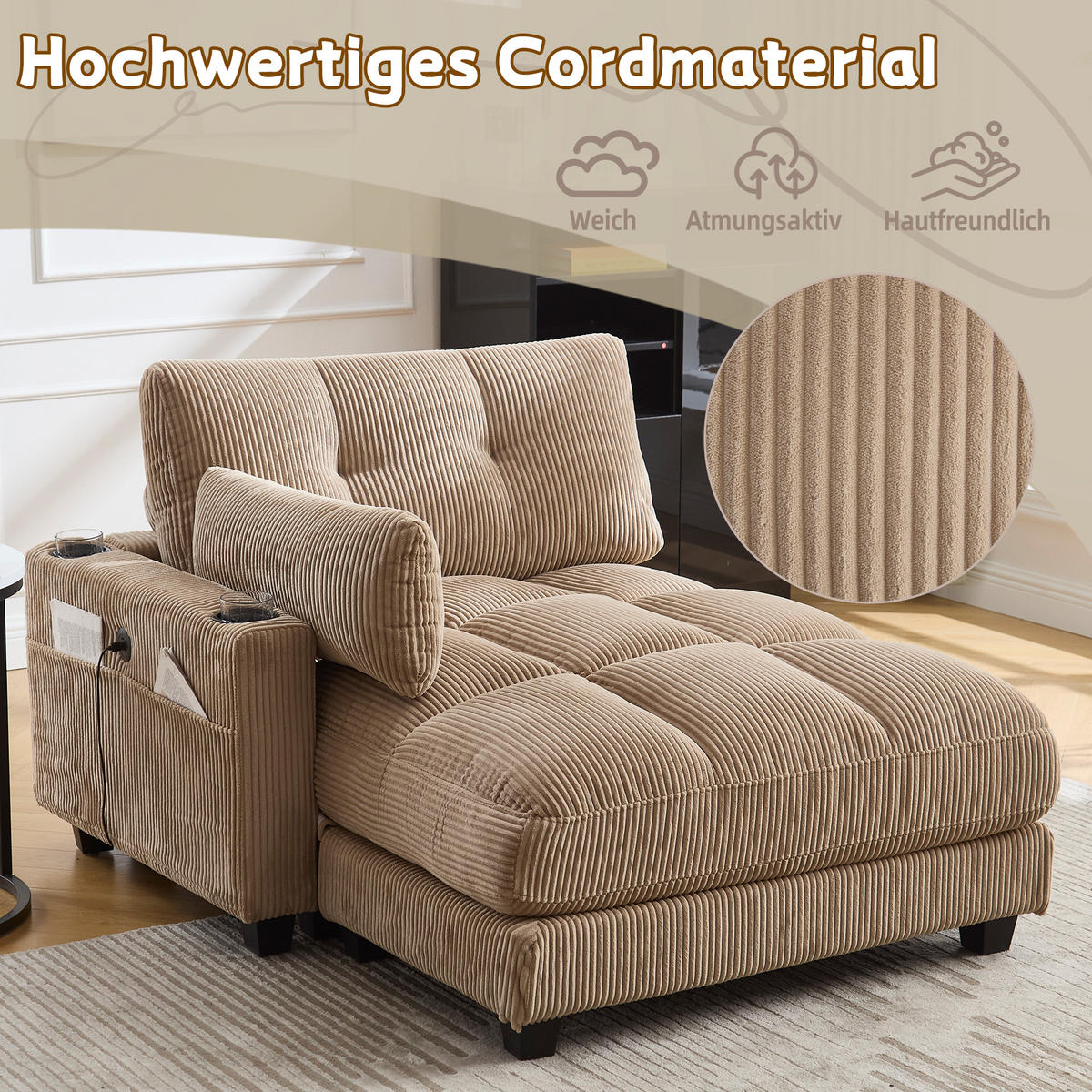 RÉCAMIERE Cord Khaki mit USB, Becherhaltern und Seitentasche - Hellbraun, Holzwerkstoff/Kunststoff (140/81/121cm) - WISHDOR