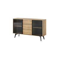 SIDEBOARD MOTTI KSZ144 144 cm (Barock Eiche, Glas-Schiebetüren, Push to Open, Schwarze Details) - Eichefarben/Schwarz, Glas/Holz (143/85/39cm) - Ravio