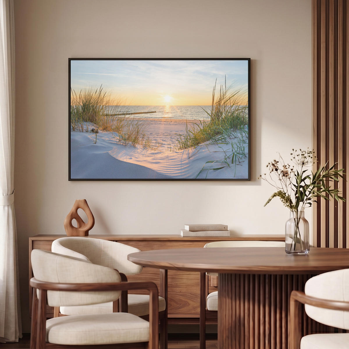 LEINWAND Bilder mit Rahmen - Strand - Sonne - Düne - Gras - Sand - Horizont - 90x60 - Hellblau, Textil (90/60cm) - MuchoWow