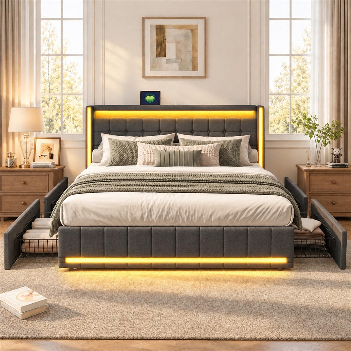 POLSTERBETT 160x200 cm Lumina Smart mit 3-Zonen RGB-LED, USB & USB-C, 4 Schubladen, Leinen-Optik, Dunkelgrau - Grau, Textil (160/200cm) - DELFA