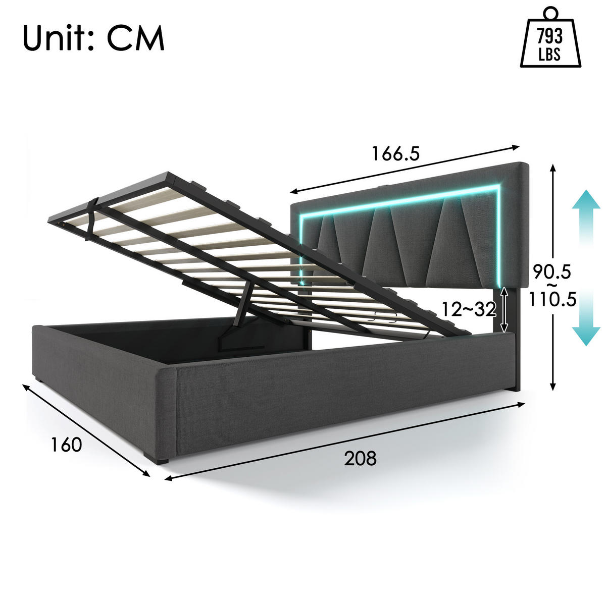 ČALOUNĚNÁ postel LED s USB a úložným prostorem, 160/200 cm, šedá, látka - šedá, textil (160/200cm) - BEAOK
