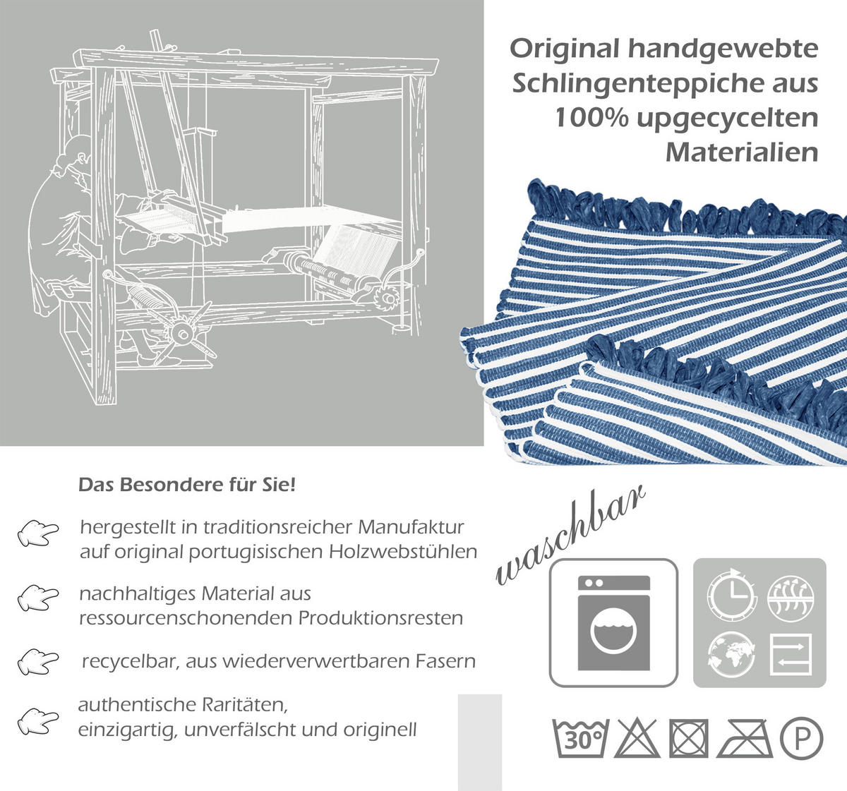 HANDGEWEBTER Läufer 50x70 cm Jeansblau - Dunkelblau, Naturmaterialien/Textil (50/70cm) - Lashuma