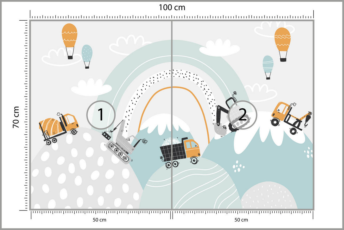 FOTOTAPETE für Kinderzimmer Baumaschinen Regenbogen Hügel Wolken 100x70 - Blau/Schwarz, Papier (100/70cm) - Muralo