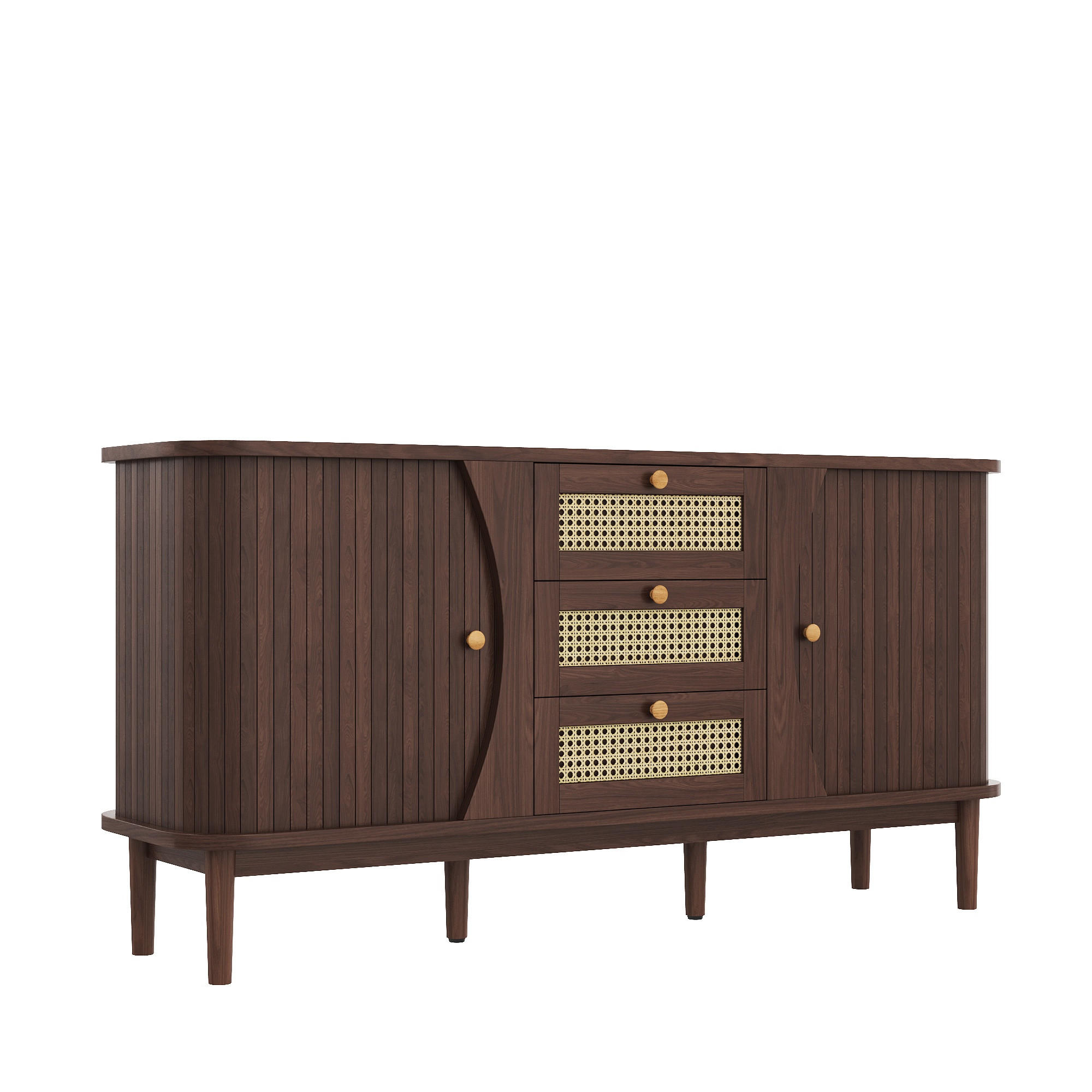 SIDEBOARD Walnuss Optik mit Rattan Schubladen und Schiebetüren Valnötsfärgad 73/140/40 cm