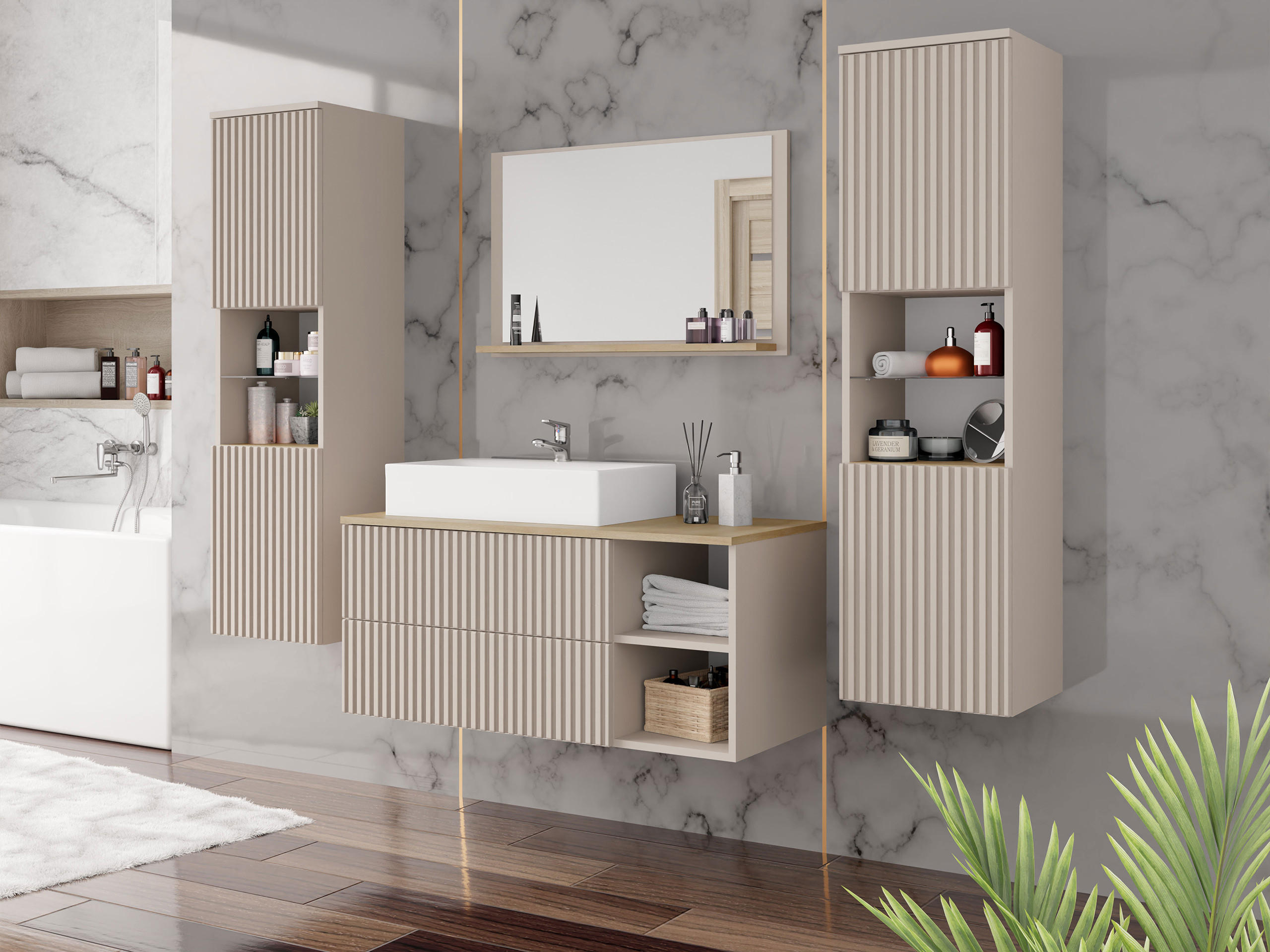 BADMÖBEL-SET Kertos Rillen III - Sandfarben, Holzwerkstoff (100/57/45cm) - MIRJAN24
