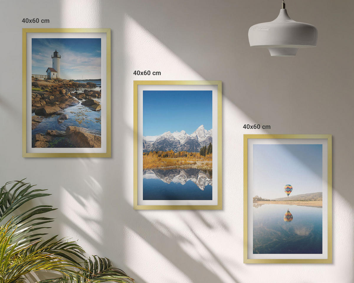 WANDBILDER 3er Set - 40x60 cm Goldrahmen - Naturansichten, Leuchtturm, Berge, Ballonfahrt - Goldfarben, Kunststoff (40/60cm) - ArtPrintCave