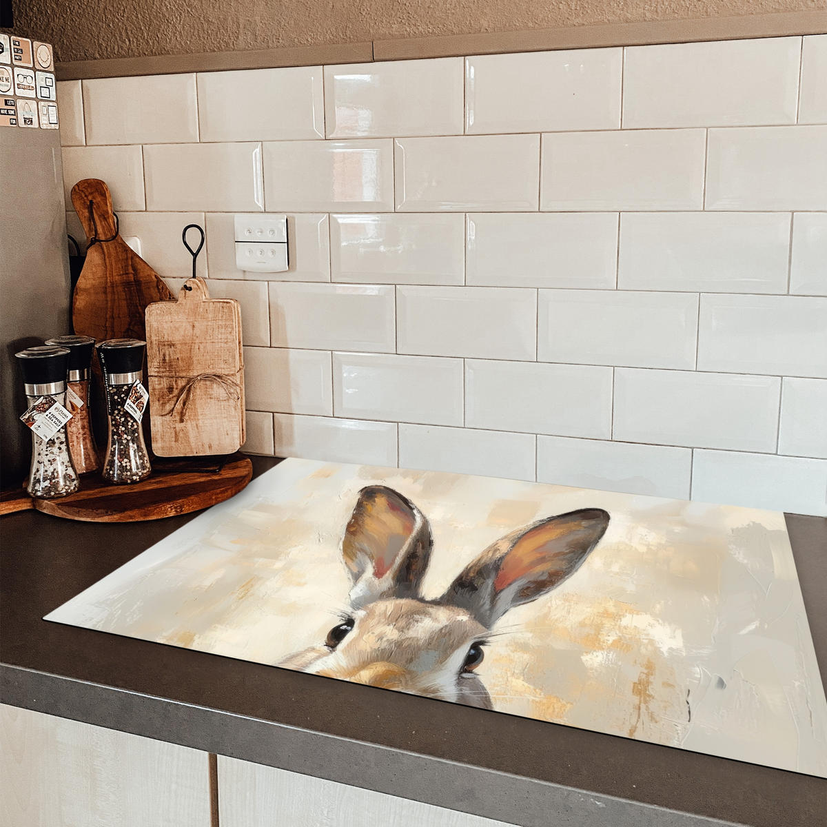 HERDABDECKPLATTE Hase - Ohren - Braun Ceranfeldabdeckung 76x51.5 cm - Beige, Kunststoff (76/51.5/0.2cm) - MuchoWow