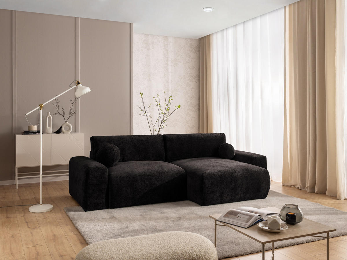 ECKSOFA Puffy mit Schlaffunktion und Bettkasten - besonders weich und puffig aus Braun Stoff mit Chenillestruktur - Ottomane rechts - Schwarz/Braun, Holz/Kunststoff (266/138cm) - S-Style Möbel