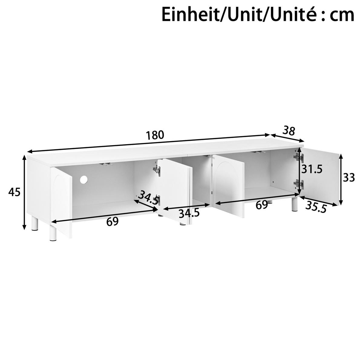 LOWBOARD 180/38/45 cm Weiß aus MDF und PB mit 5 Türen - Weiß, Holzwerkstoff (180/45/38cm) - OKWISH