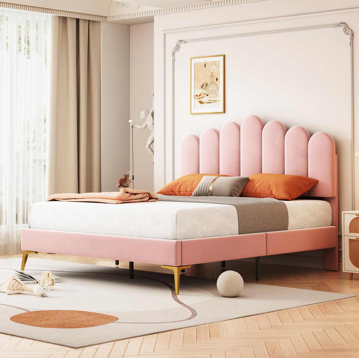 POLSTERBETT mit verstellbarem Kopfteil 140x200 cm Samt Pink - Pink, Metall (140/200cm) - Meubliv