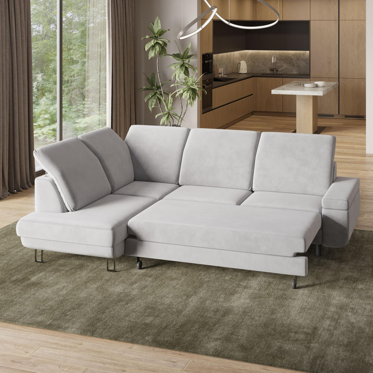 ECKSOFA LERMA L-S Gelb Velours-Stoff mit Schlaffunktion - Gelb, Holz (253/190cm) - MASSENO