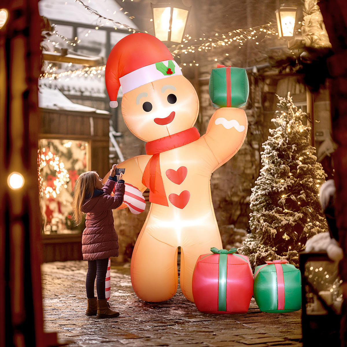 AUFBLASBARE Weihnachtsdeko 2,45 m Lebkuchenmann mit Zuckerstange, 6 LEDs - Orange, Kunststoff (100/245/170cm) - Outsunny