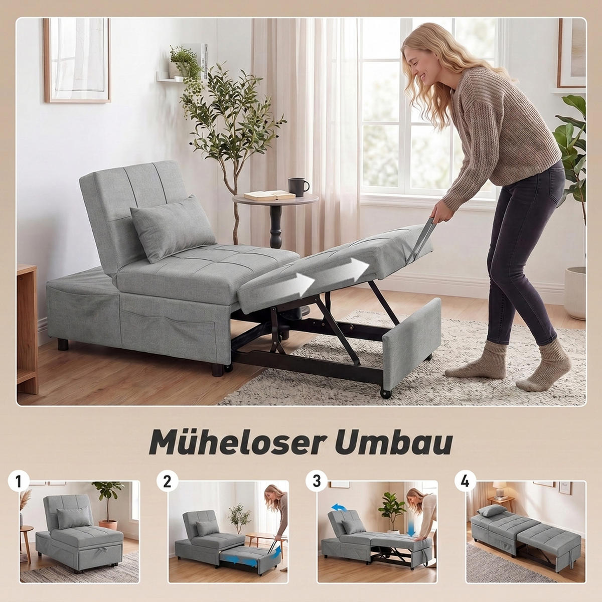 BÄDDFÅTÖLJ i linneimitation, 100 % polyester, ljusgrå - Svart/Ljusgrå, Textil/Plast (65.5/81/104cm) - HOMCOM