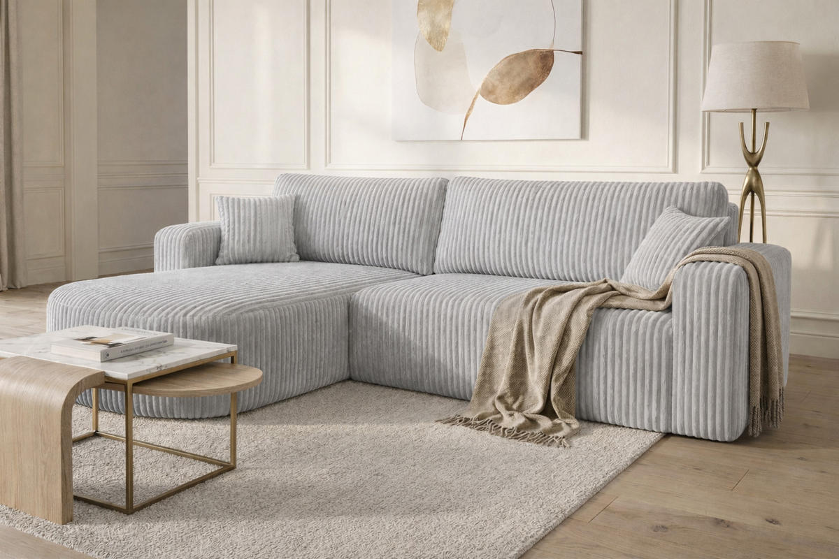 ECKSOFA Mit Schlaffunktion, Cordstoff Tilia, Grau, Links, ROUND ONE XL - Grau, Holz (271/175cm) - Kaiser Möbel