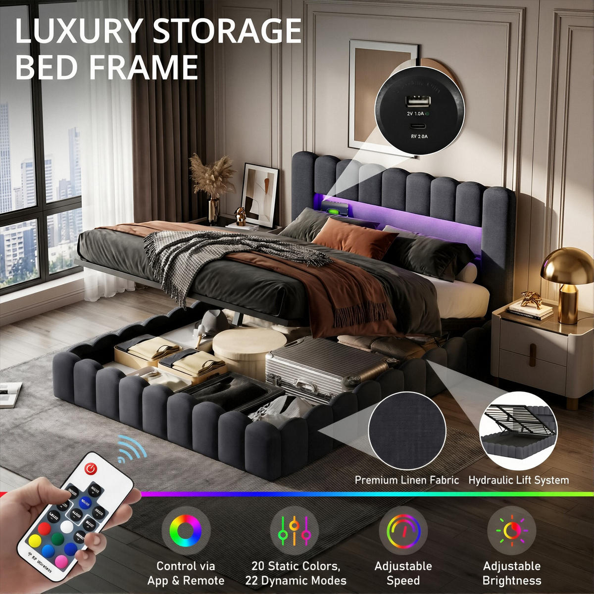POLSTERBETT Modern 140/200 cm mit Bettkasten LED & USB Leinenoptik Grau - Grau, Textil (140/200cm) - Creahappy