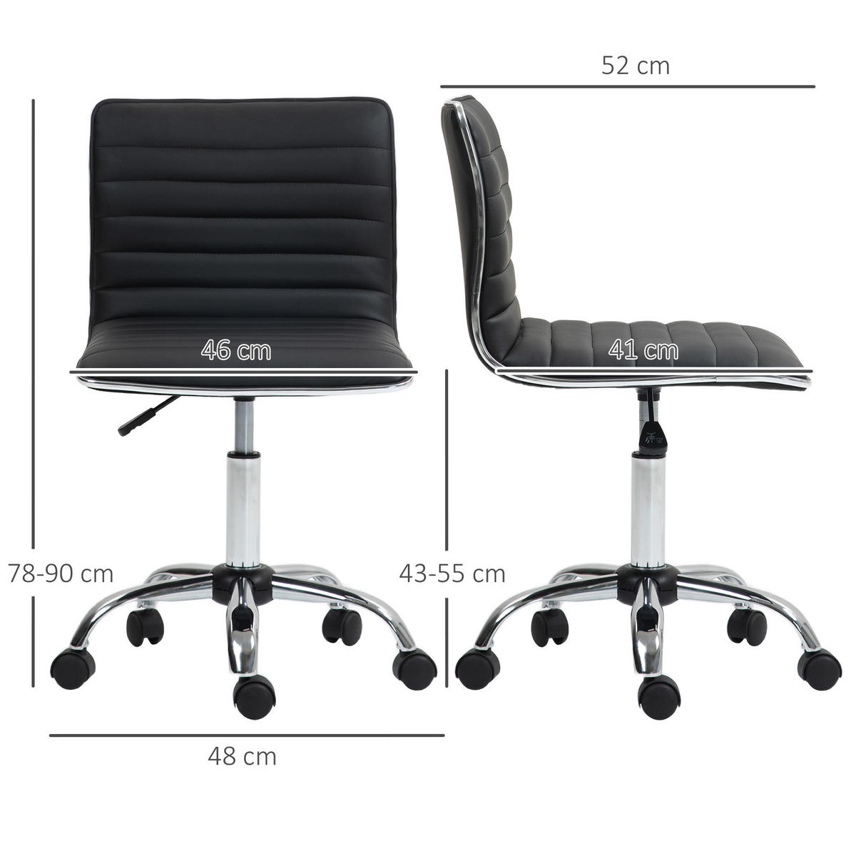 BÜROSTUHL mit Rückenlehne, höhenverstellbar Drehstuhl mit Rollen Schwarz - Schwarz, Kunststoff (52/90/48cm) - HOMCOM