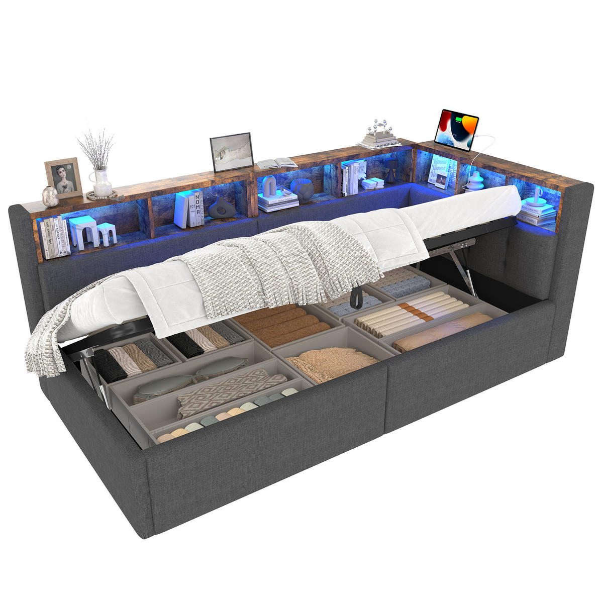 TAGEBETT 90x200cm Grau Leinen USB-C Hydraulik LED-Streifen - Grau, Holz (90/200cm) - FLIEKS