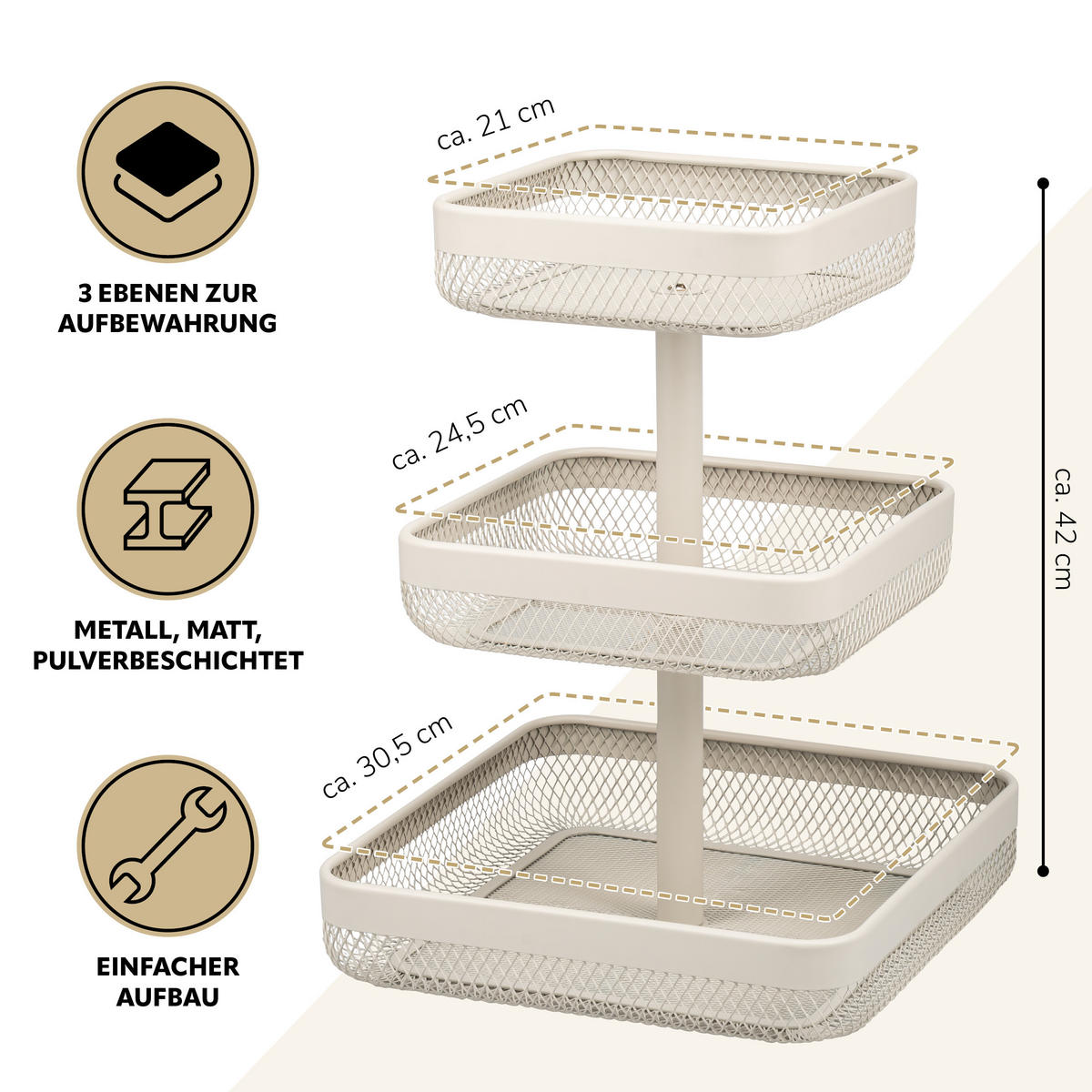 OBSTETAGERE eckig, 3-stöckig, 20 x 20 cm, 25 x 25 cm und 30 x 30 cm, beige, Metall - Beige, Metall (30/42cm) - eluno