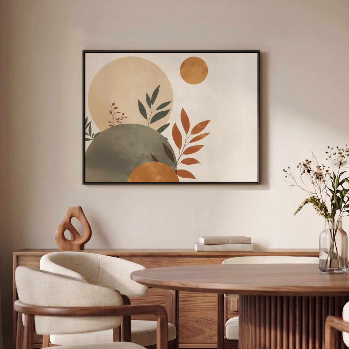 LEINWAND Bilder mit Rahmen - Formen - Rund - Blätter - Beige - 80x60 - Rostfarben, Textil (80/60cm) - MuchoWow