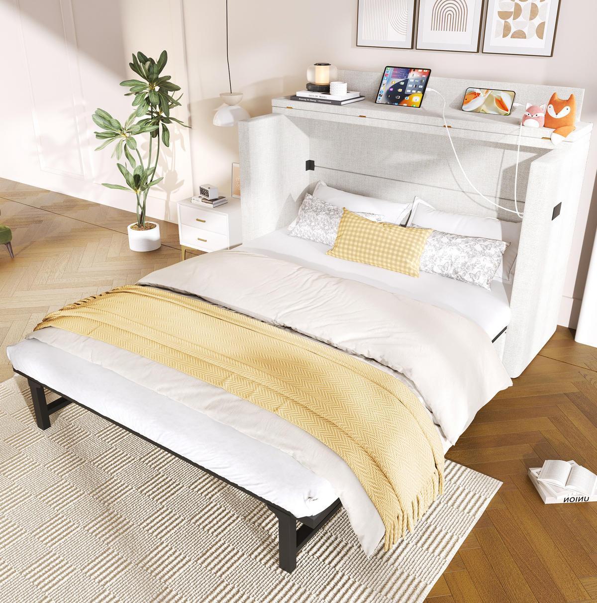 BETT 140/200 cm in Beige mit Schublade und USB- und Type-C-Anschlüssen - Beige, Textil (140/200cm) - Flora Grace