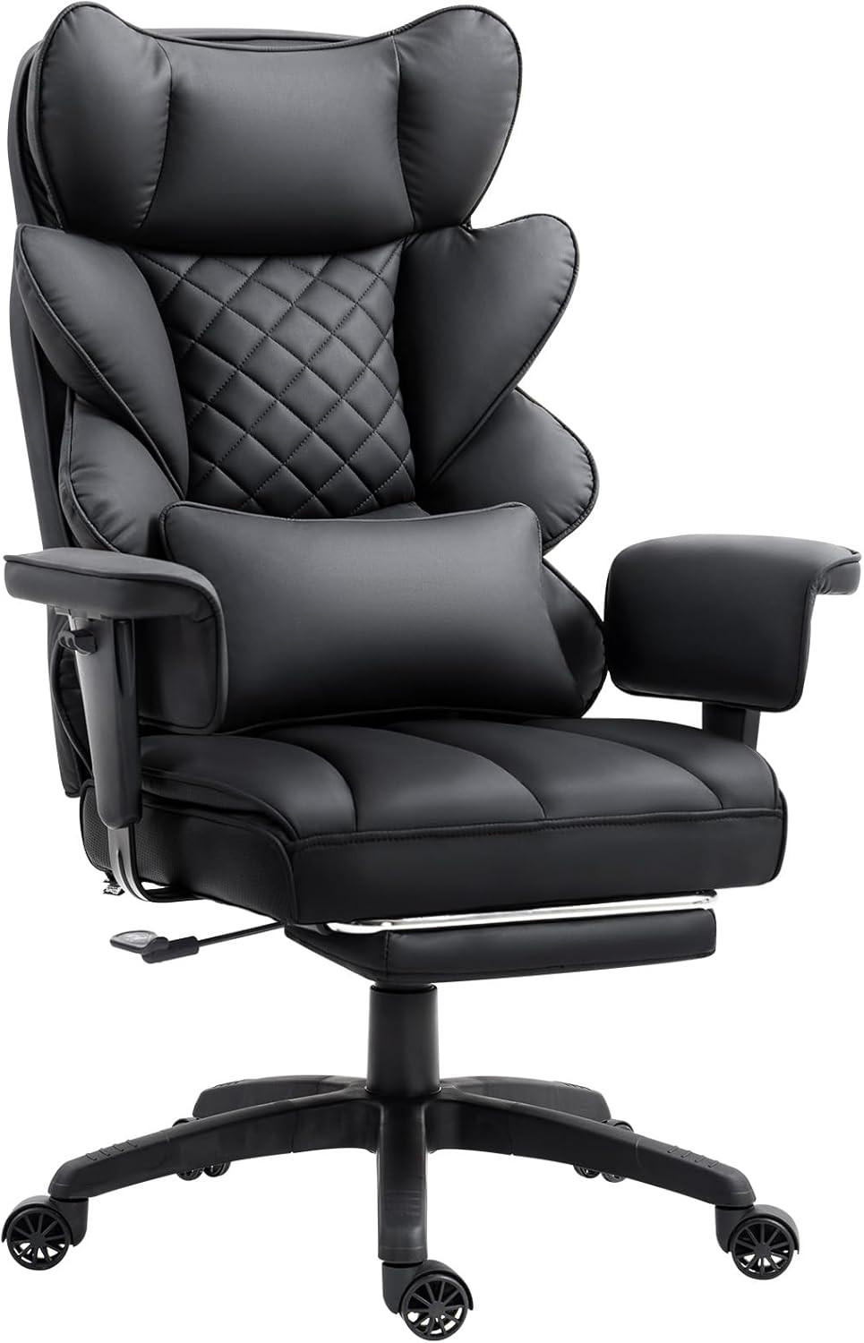 GAMING-STUHL & gefederten Sitzkissen Lendenwirbelstütze und Fußstützen - Schwarz, Leder (76/121/60cm)