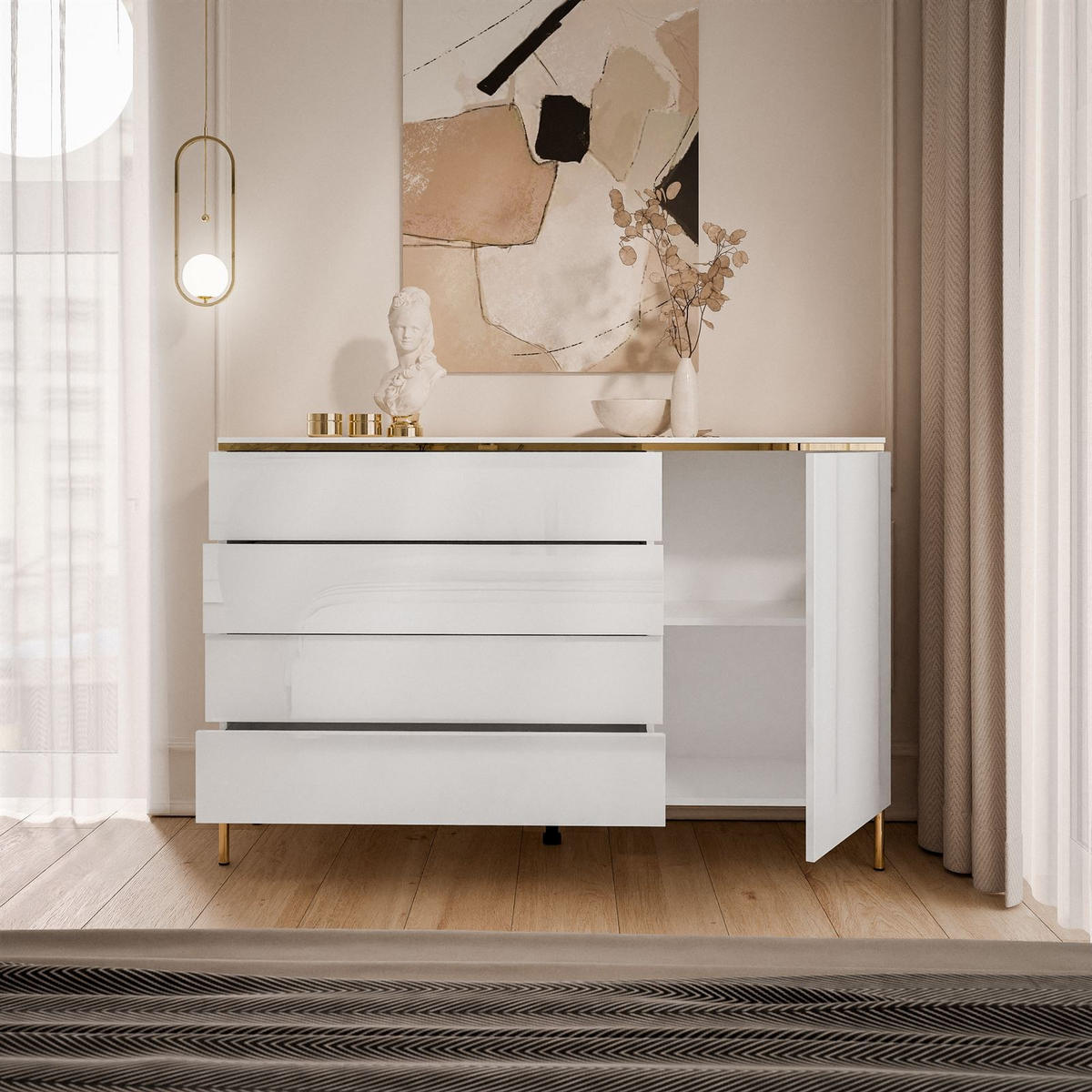 KOMMODE AURORA 4S1D Weiß / Weiß hochglanz mit gerade Goldchrom Fuße - Weiß Hochglanz/Goldfarben, Holzwerkstoff/Metall (140/91/40cm) - Lookway
