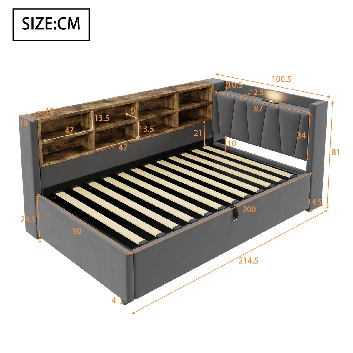 POLSTERBETT 90/200 cm Dunkelgrau aus Samt mit Stauraum mit LED-Beleuchtung - Dunkelgrau, Textil (90/200cm) - OKWISH