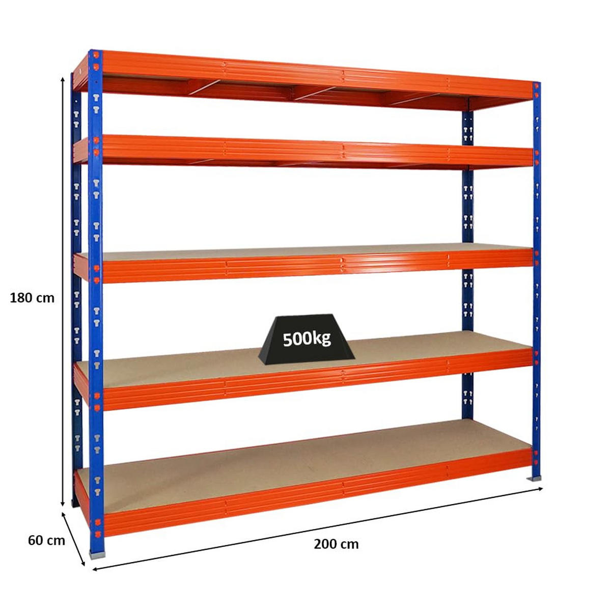 SCHWERLASTREGAL Rhino 180x200x60 cm 5 Spanplatten-Ebenen 8mm Fachlast 500 kg Blau/Orange - Blau/Orange, Metall (200/180/60cm) - PROREGAL