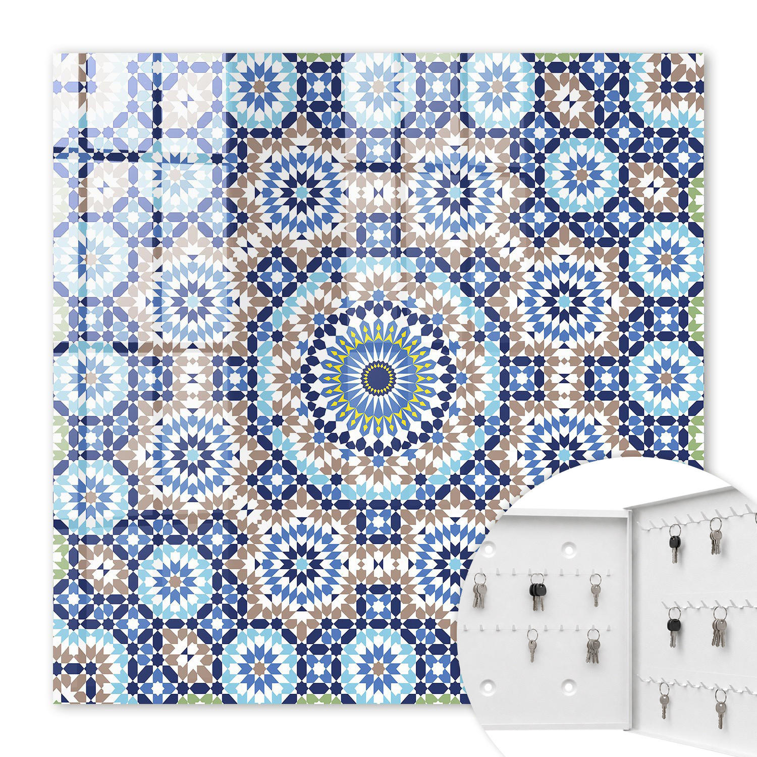 SCHLÜSSELBOX Weiß 30x30 cm – Türöffnung nach rechts - Orientalisches Mosaik - Blau, Metall (30/30/5cm) - TULUP