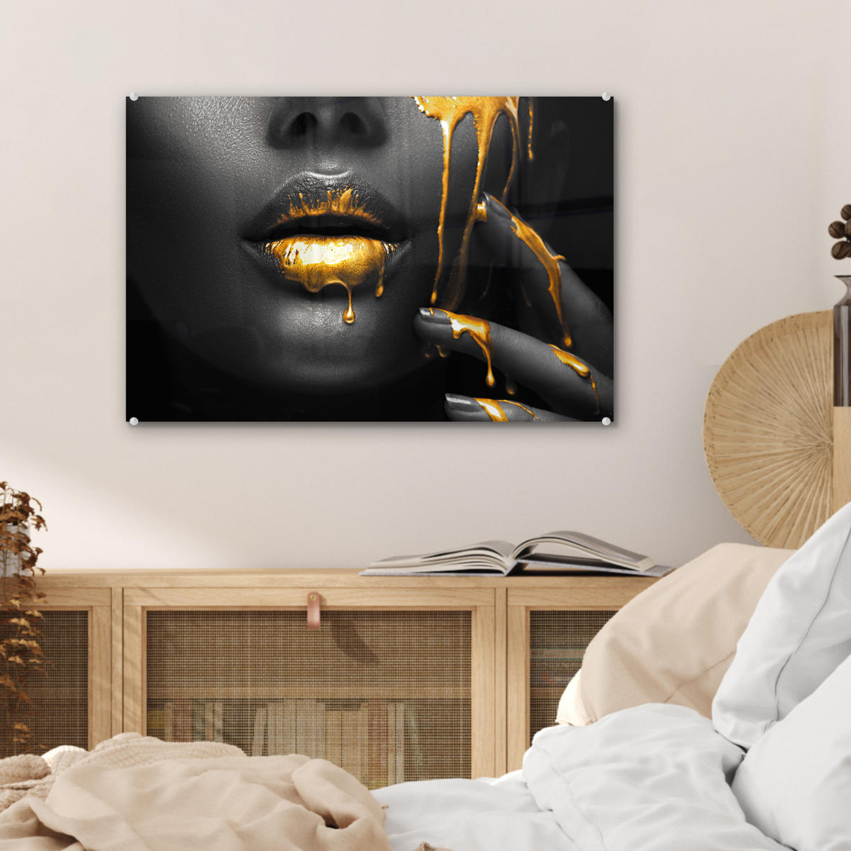 ACRYLGLASBILD Frau - Schwarz - Gold - Gesicht - Lippen 60x40 cm - Goldfarben, Glas (60/40cm) - MuchoWow