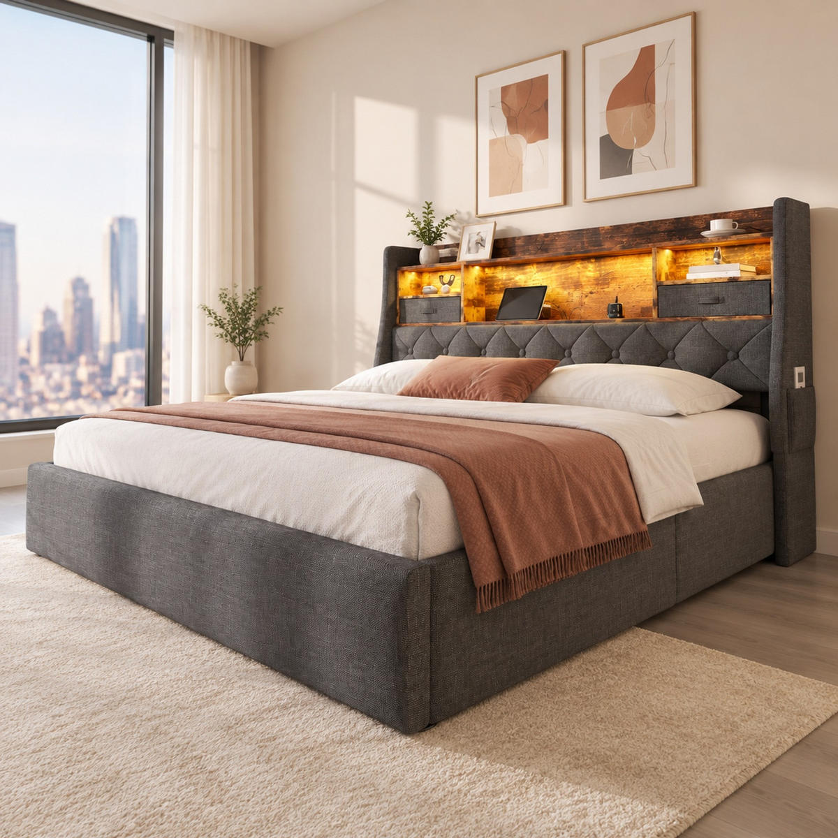 POLSTERBETT 160/200 mit Bettkasten, LED und USB in Grau - Grau, Holzwerkstoff/Textil (160/200cm) - EVRYAE