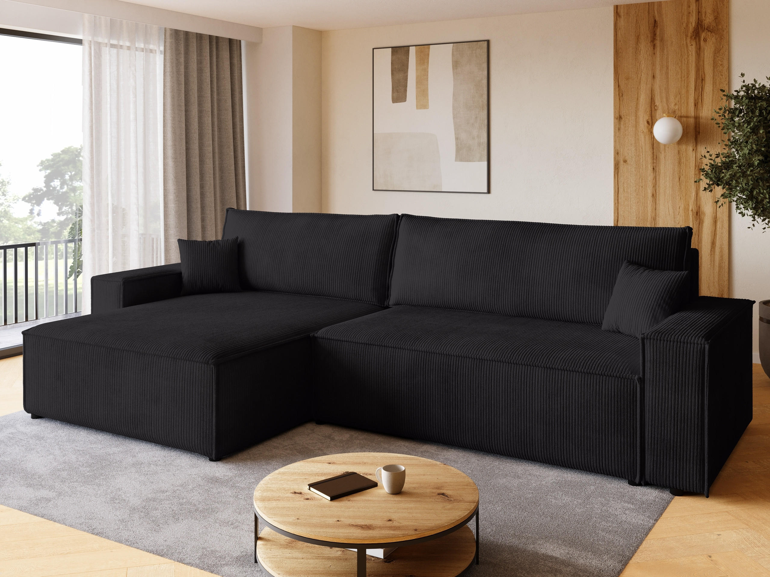 ECKSOFA ADI XL mit Schlaffunktion Schwarz Cord - Schwarz, Textil (272/143cm) - Bromarkt