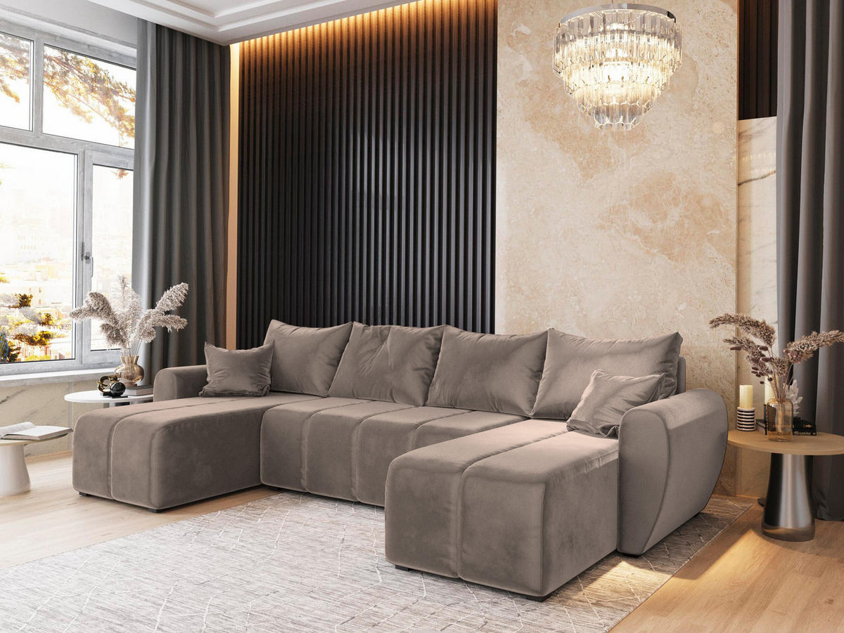 WOHNLANDSCHAFT MADISON U Beige Plüsch-Stoff mit Schlaffunktion - Beige, Holz (311/82/145cm) - MASSENO