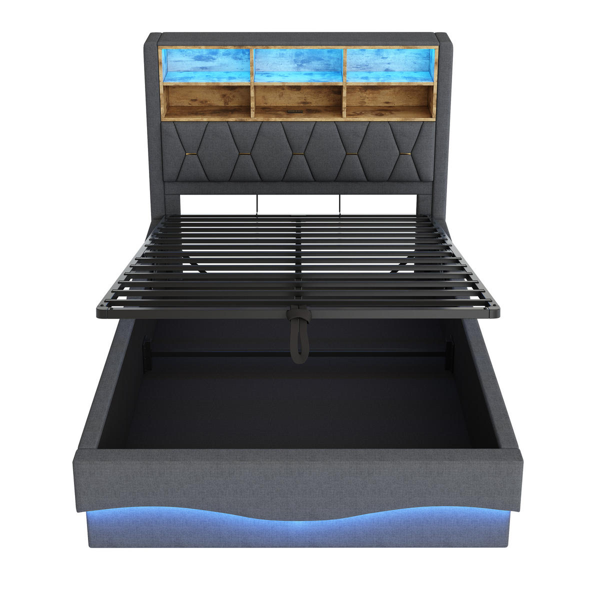 POLSTERBETT 140/200 cm Grau mit hydraulischem Stauraum und LED-Beleuchtung - Grau, Metall (140/200cm) - OKWISH