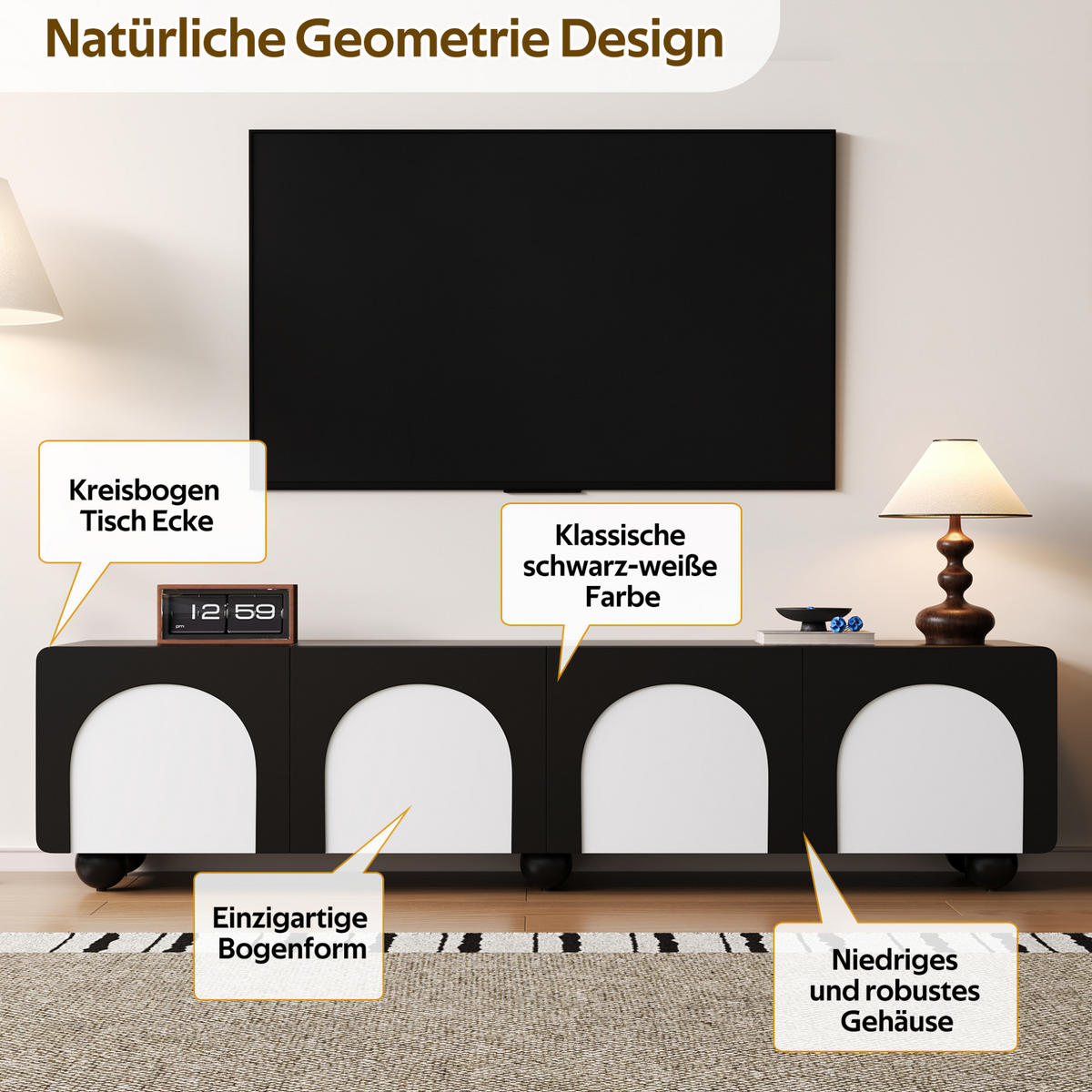 TV komoda z MDF a PB, 180/38/45 cm, černá/bílá - černá, kompozitní dřevo (180/45/38cm) - BEAOK