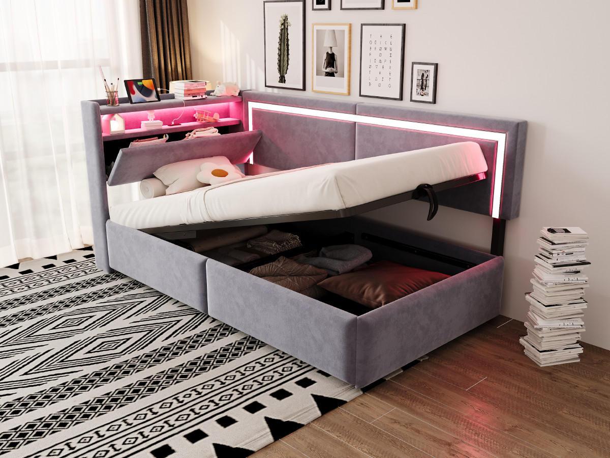 SCHLAFSOFA mit Stauraum, LED und USB 90x200 cm Samt Hellgrau - Hellgrau, Metall (90/200cm) - Meubliv