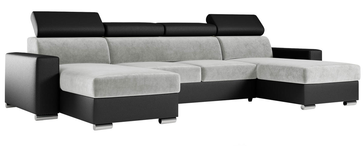 WOHNLANDSCHAFT FOX U Hellgrau/Schwarz - Velvet/Kunstleder - Silberfarben/Hellgrau, Kunststoff/Textil (306/98/168cm) - MKS