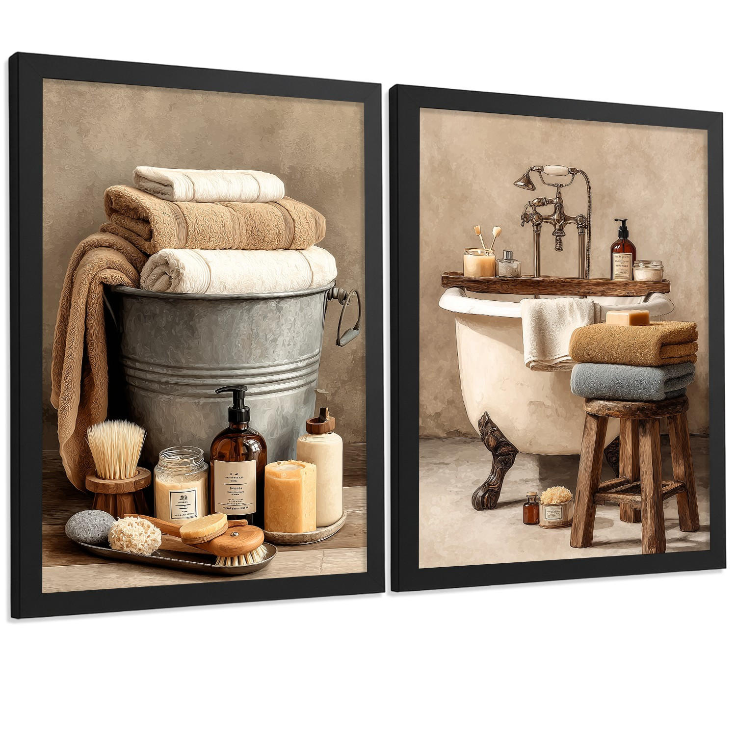 POSTER 2er-Set dekorative Badezimmerdrucke, rustikaler Stil, Vintage-Spa-Bilder mit Handtüchern und Badewanne,, Wohndekoration Schwarzer Rahmen A3 - Schwarz, Papier (42/29.7/3cm) - Nacnic