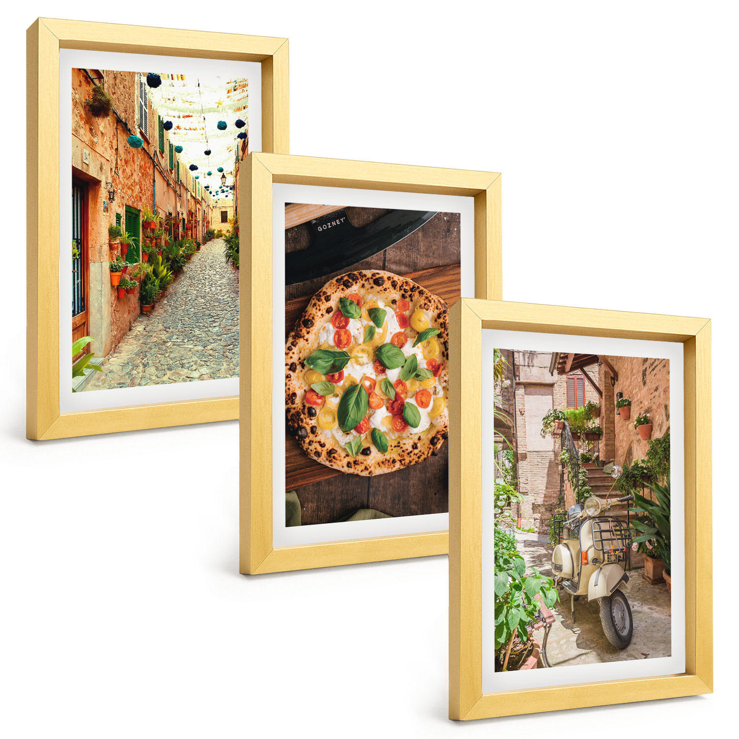 BILDER SET 3er Set - 20x30 cm Goldrahmen - Charmante Straßen mit Pizza - Goldfarben, Kunststoff (20/30cm) - TULUP
