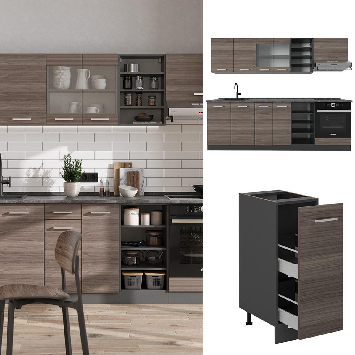 KÜCHENZEILE R-Line Edelgrau/Anthrazit 240 cm , AP Marmor - Anthrazit/Braun, Holzwerkstoff (240/81.6/60cm) - Vicco